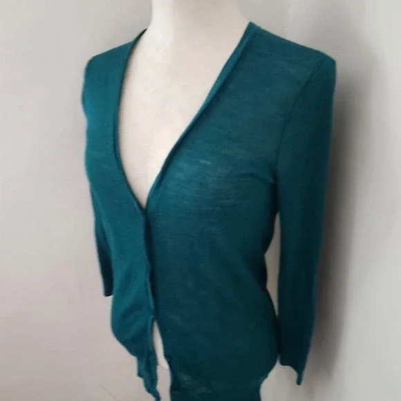 Ann Taylor Womens Teal Green V-Neck Button Front Cardigan Sweater Ramie Blend S - Picture 5 of 5